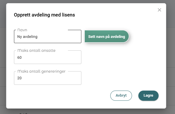 Dialogboks for opprettelse av avdeling